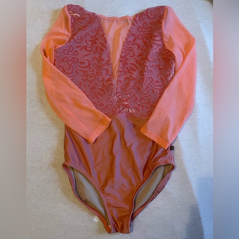 Coral Mariia Leotard With Mesh 3/4 Sleeve and Velvet Accents (Adult Medium)
